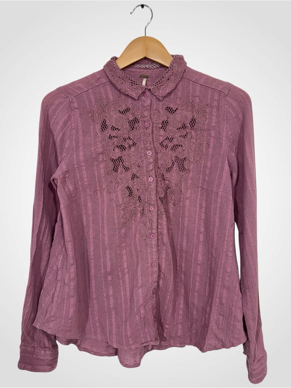 WSH10 {Free People} Purple Lace Long Sleeve Button Down Blouse Shirt Top
